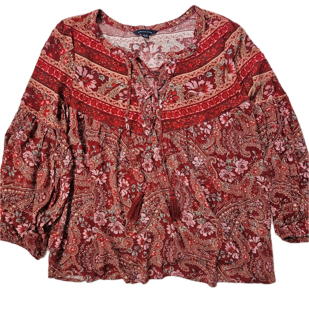 American Eagle Outfitters Blouse Womens Small Red Paisley Boho Peasant Tunic Top